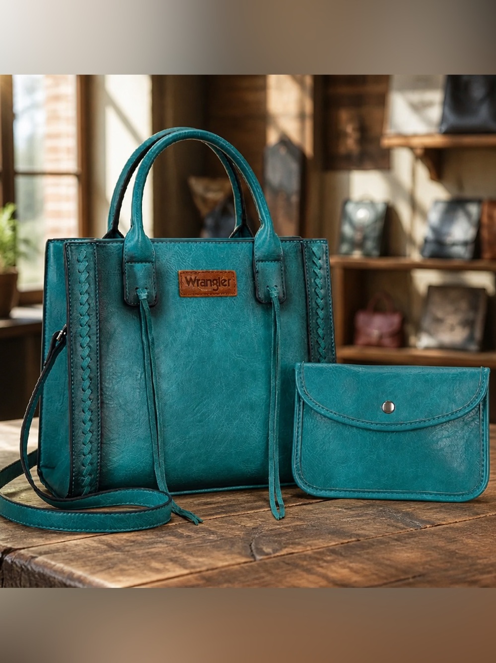 Montana West Wrangler Turquoise Vegan Leather Satchel Purse with Matching Wallet